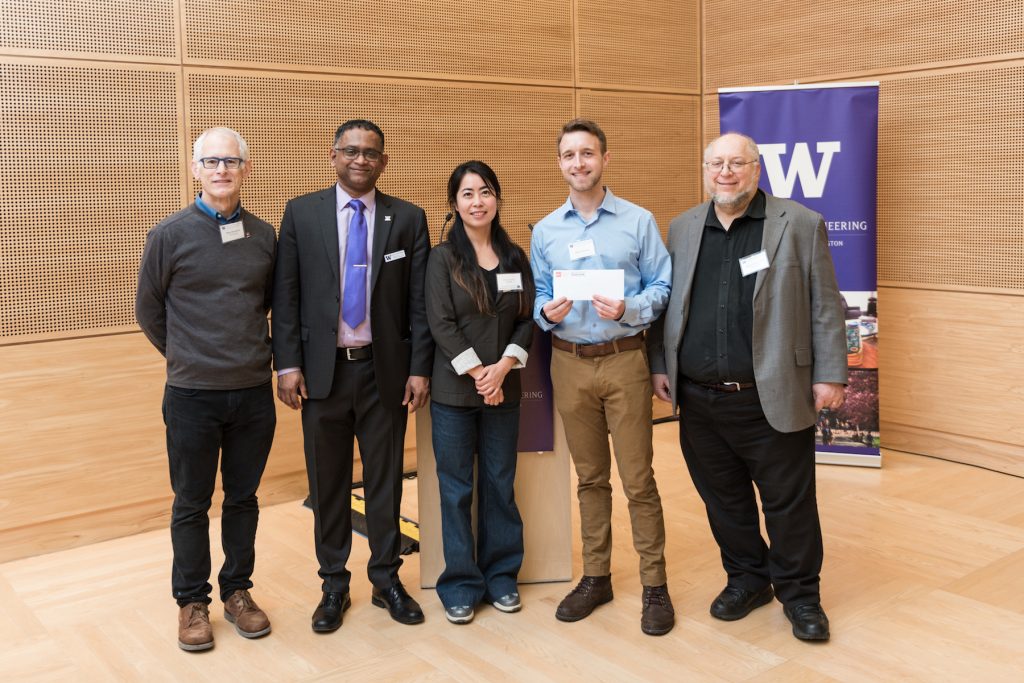 From left:  Professor Blake Hannaford, Professor and Radha Poovendran, Jun Li, Andrew Haddock and  Howard Chizeck